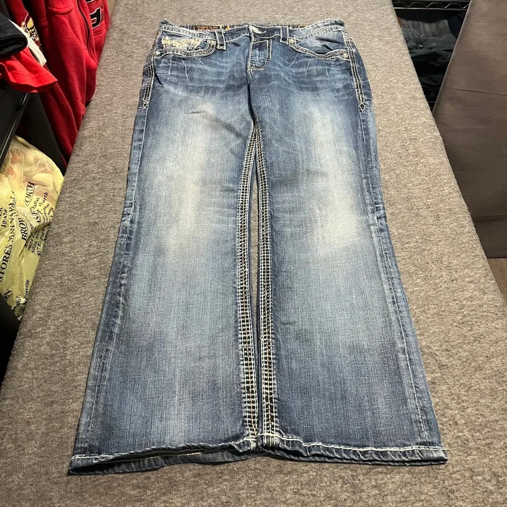 Rock Revival Pietro Bootcut Jeans Mens 36x32 Blue Distressed Thick Stitch Denim